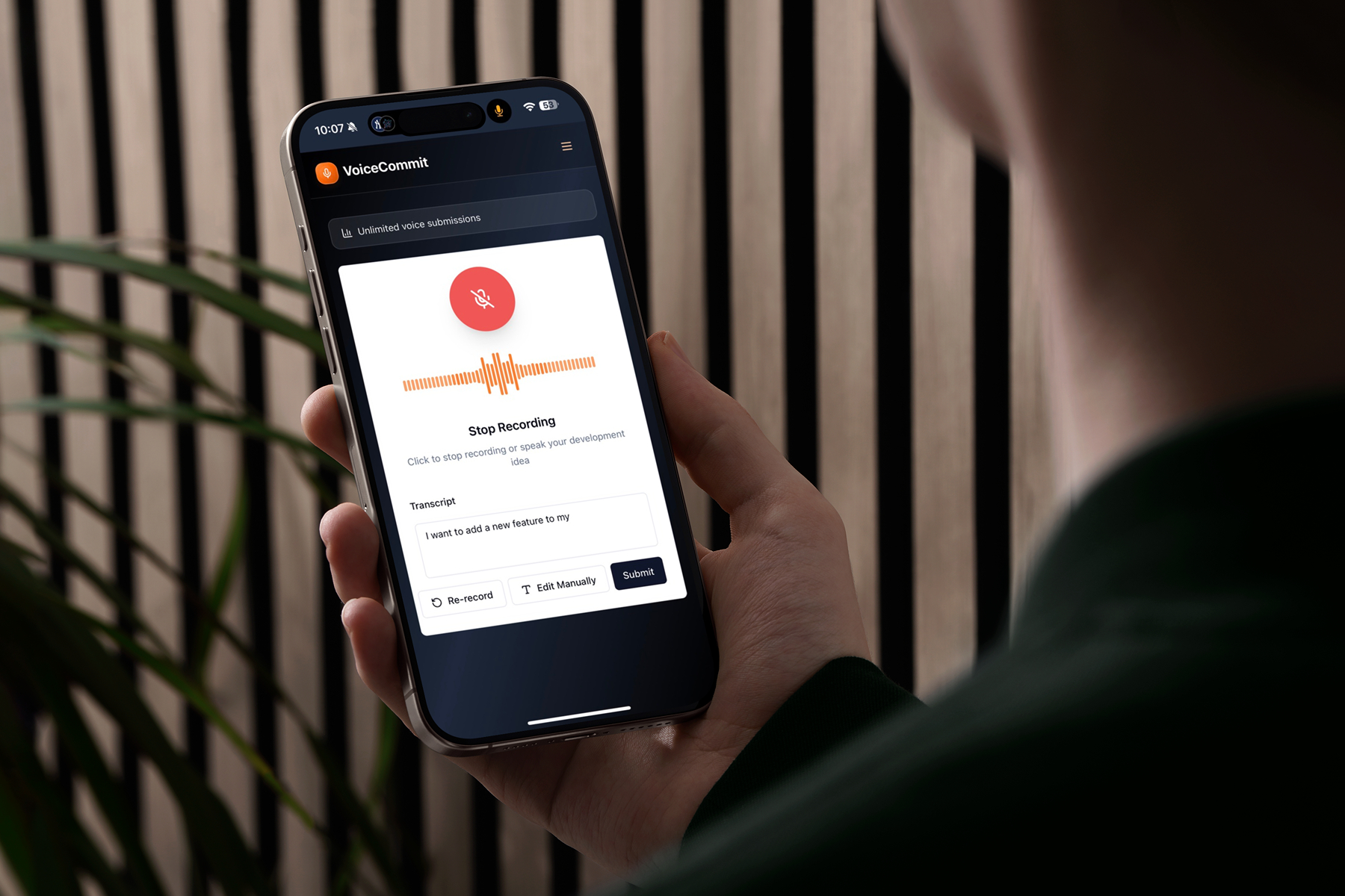 VoiceCommit app showing voice recording interface on iPhone